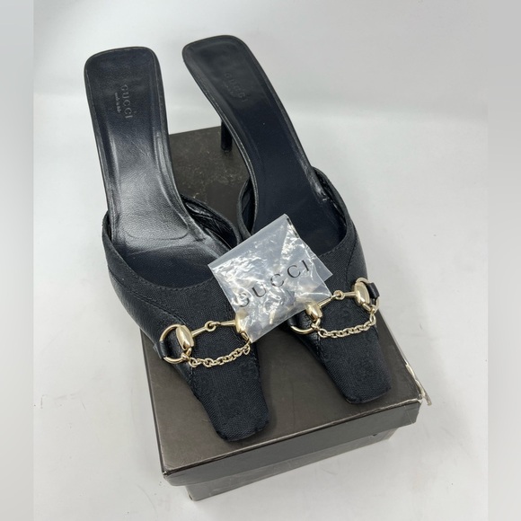Gucci GG Monogram Horse-bit Chain Mule Heel Black Canvas Leather size 10.5 US - Picture 6 of 8